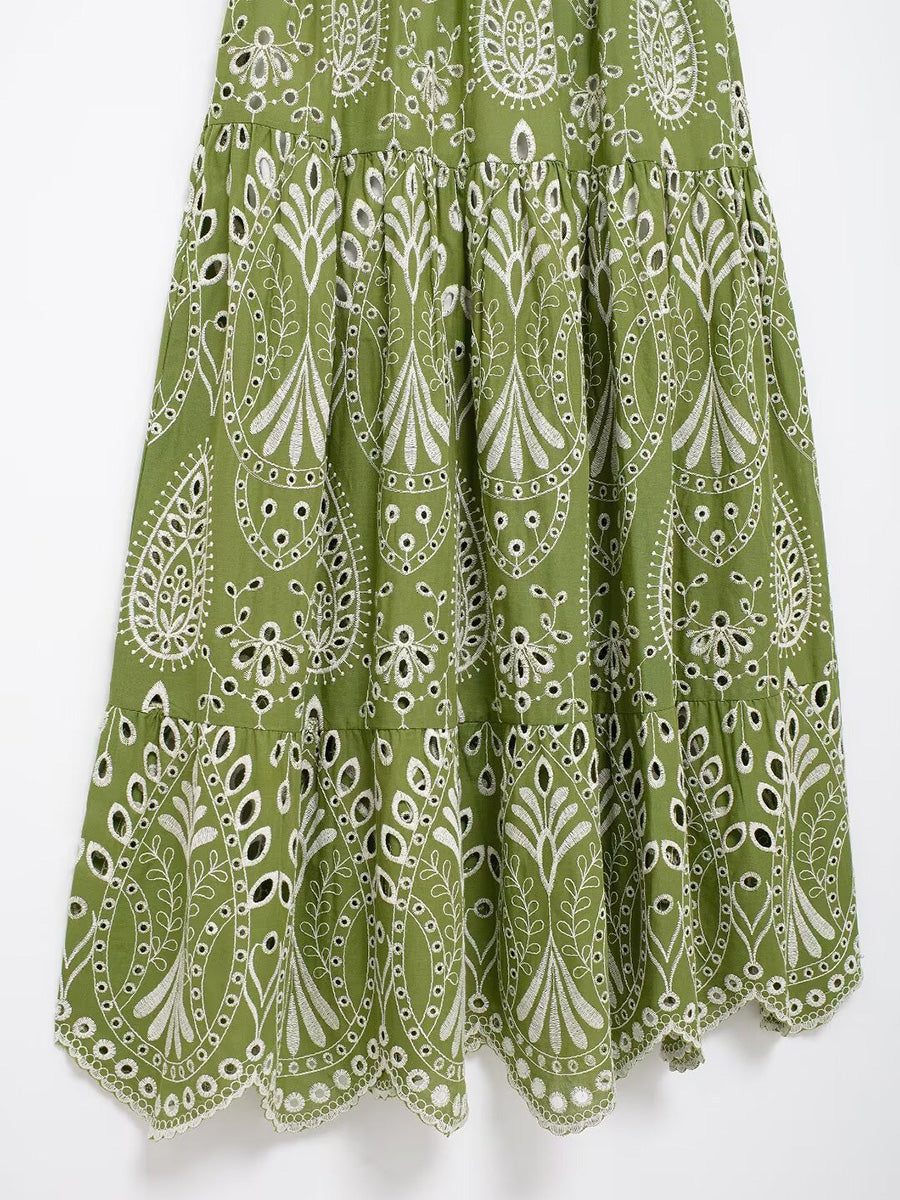Onbely robe de soirée longue brodée motif cachemire vert sans manches à fines brides pour bal et plage