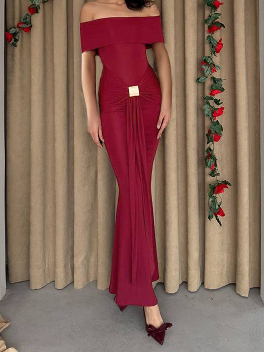 Onbely robe de soirée longue moulante col bateau cintrée élégant mode bal de promo