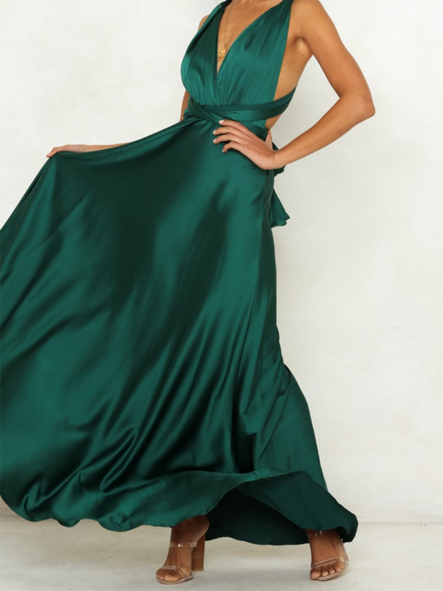 Onbely robe de soirée longue unicolore dos nu col en V licou/ras-du-cou taille élastique élégant invité mariage bal de promo