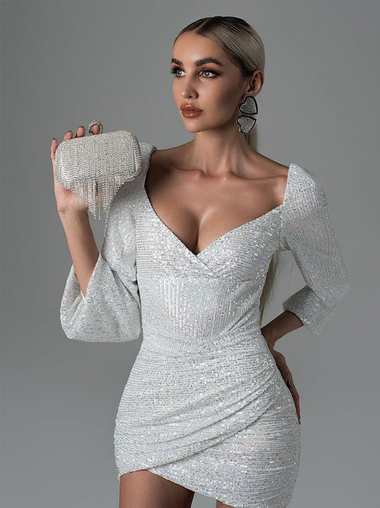 Onbely robe courte moulante unicolore brillante paillette dos nu col en V manches longues cintrée mode bal de promo tous les jours