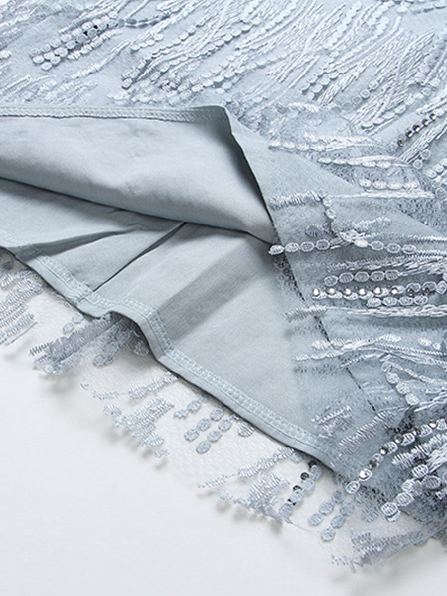 Onbely robe courte bleue à strass et franges pour cocktail