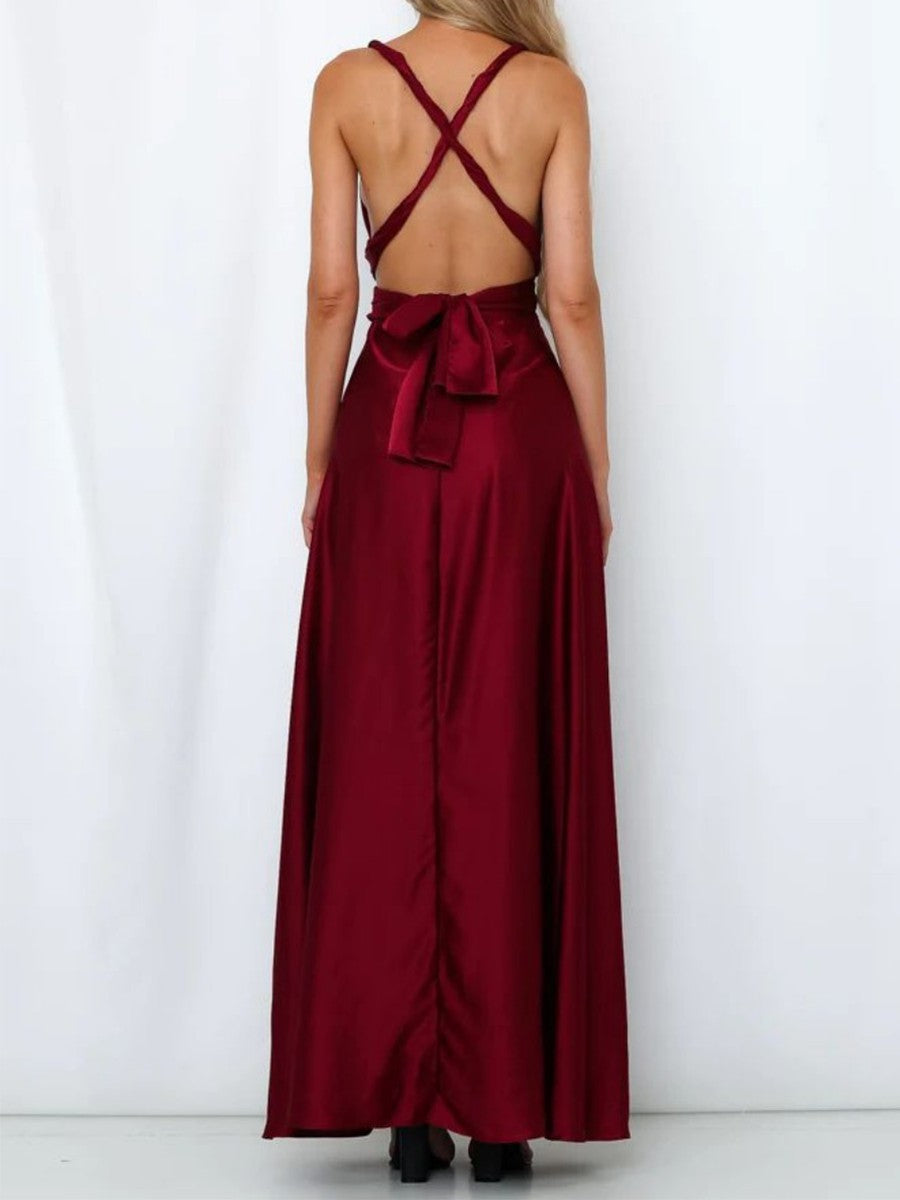 Onbely robe de soirée longue unicolore dos nu col en V licou/ras-du-cou taille élastique élégant invité mariage bal de promo