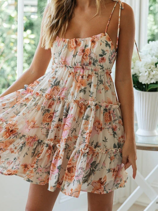 Onbely robe courte imprimé à fleurie à fines brides col carré doux tous les jours vacances boho dress