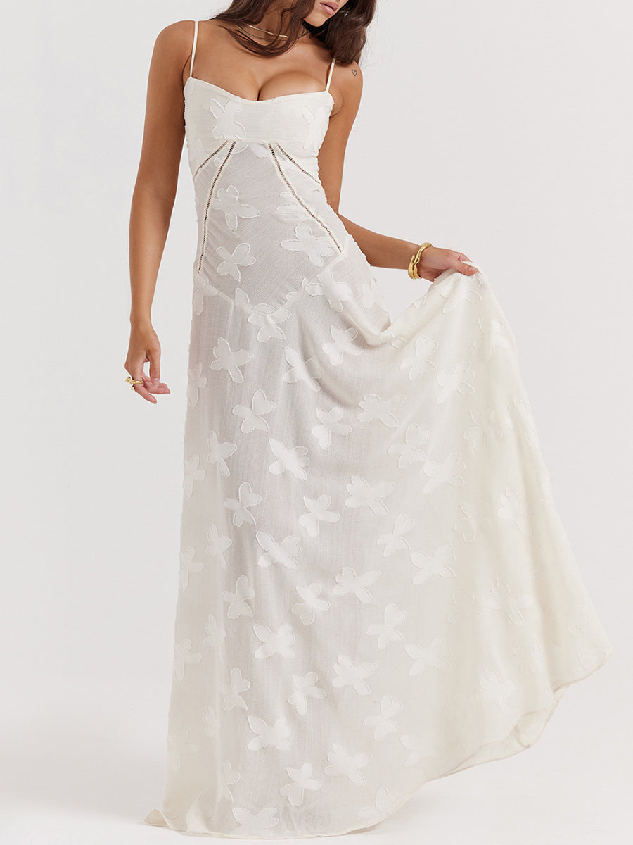 Onbely robe de soirée longue blanche en jacquard élégante à fines brides pour bal de promo ou mariage