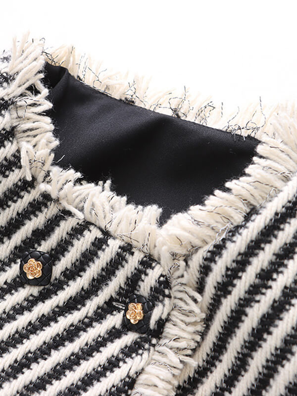 Onbely veste courte rayée en tweed avec frange et poches pour femme élégante