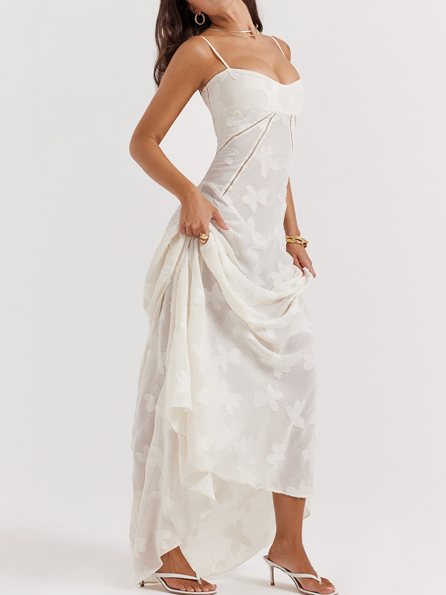 Onbely robe de soirée longue blanche en jacquard élégante à fines brides pour bal de promo ou mariage