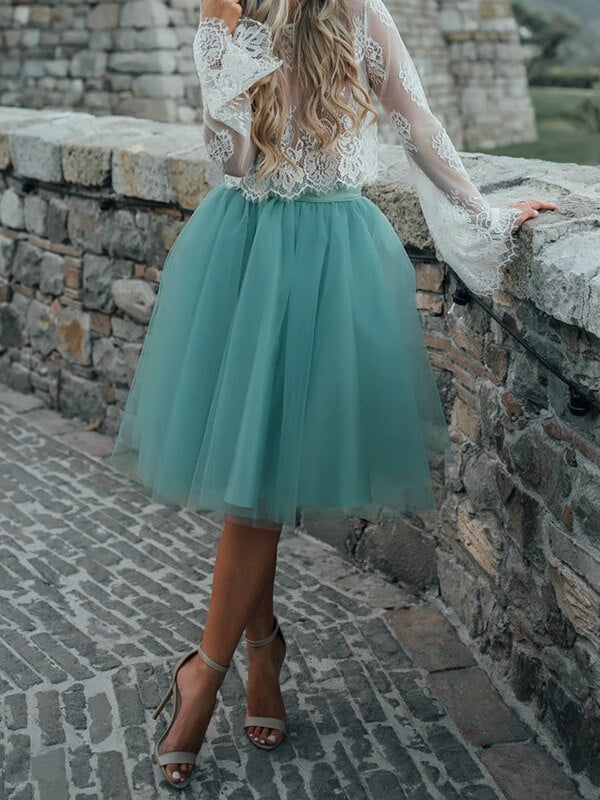 Onbely mi-longue jupe plissé bouffante tutu en tulle élégant femme vert d'eau - onbely