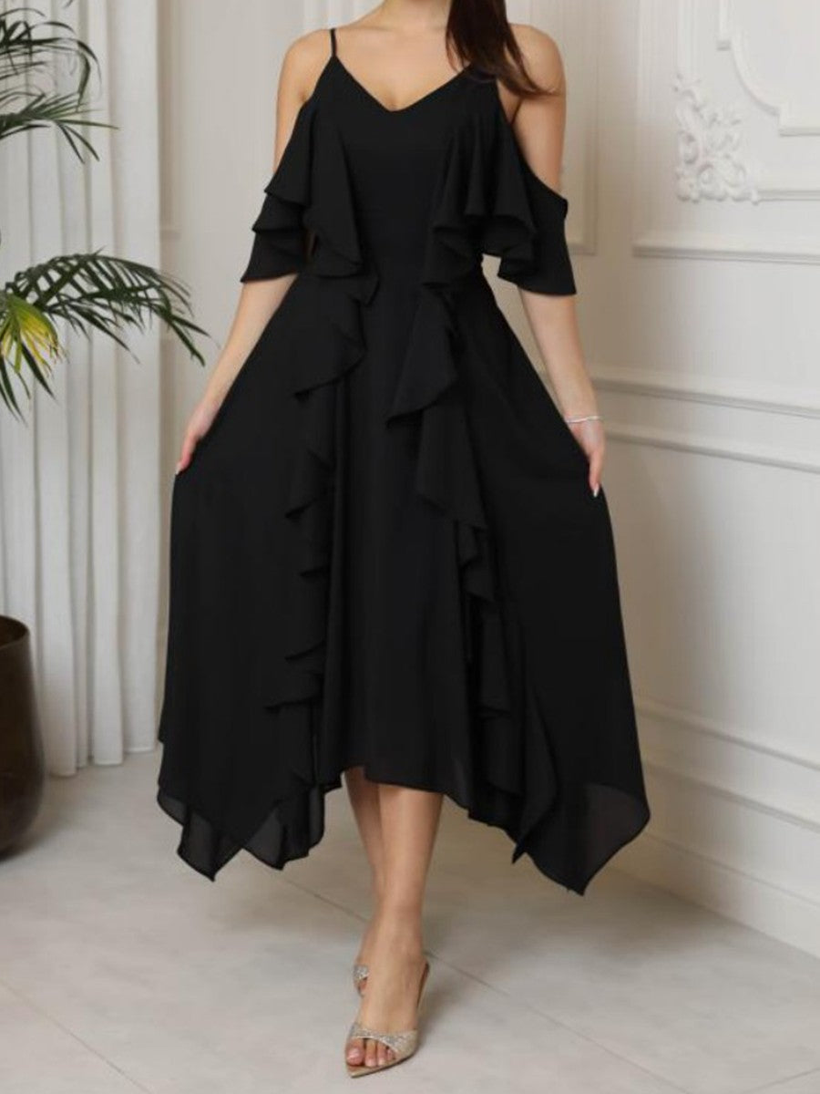 Onbely mi-longue robe irrégulière unicolore à fines brides col en V mode