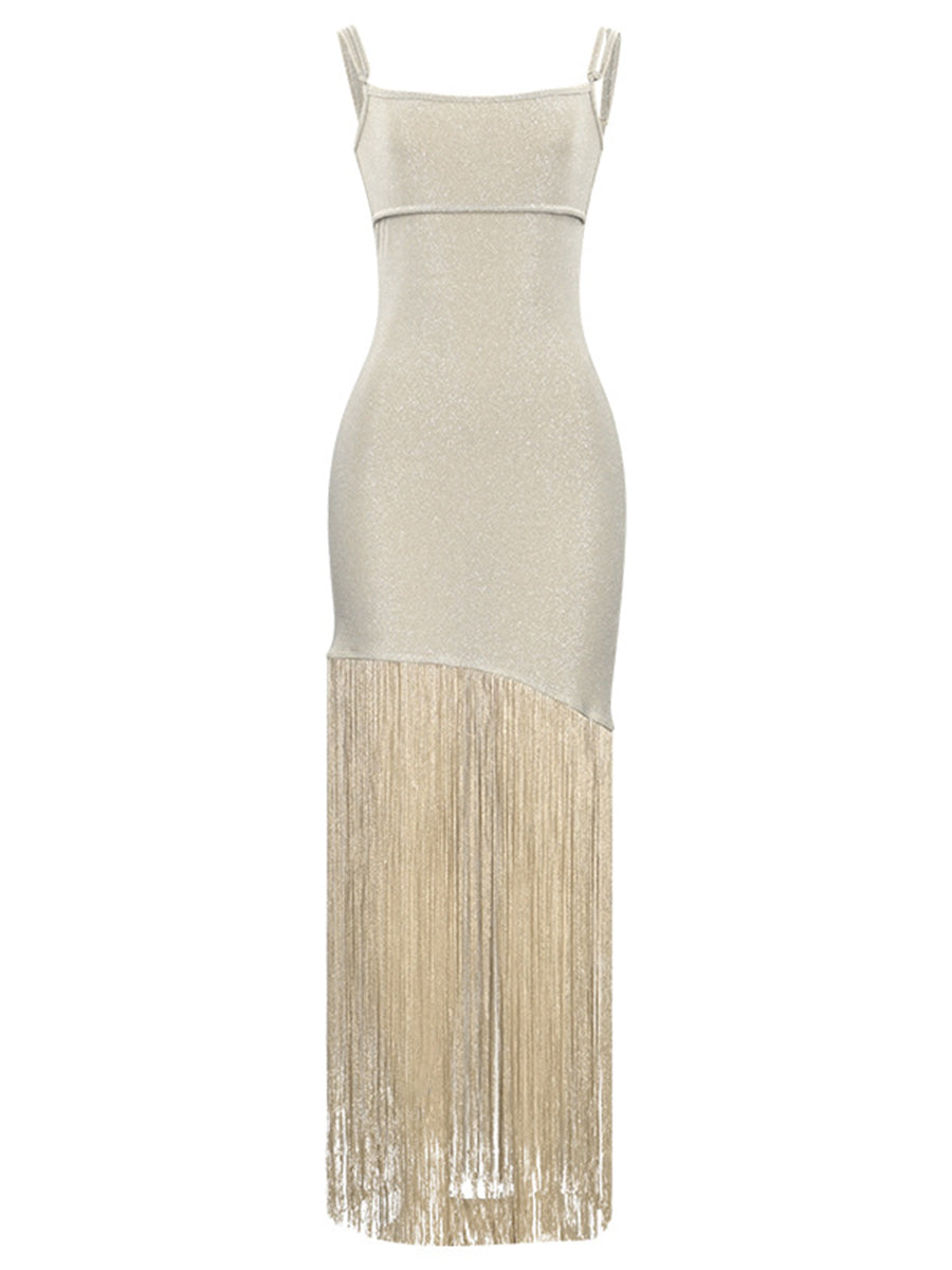 Onbely mi-longue robe brillante paillette à fines brides dos nu cocktail