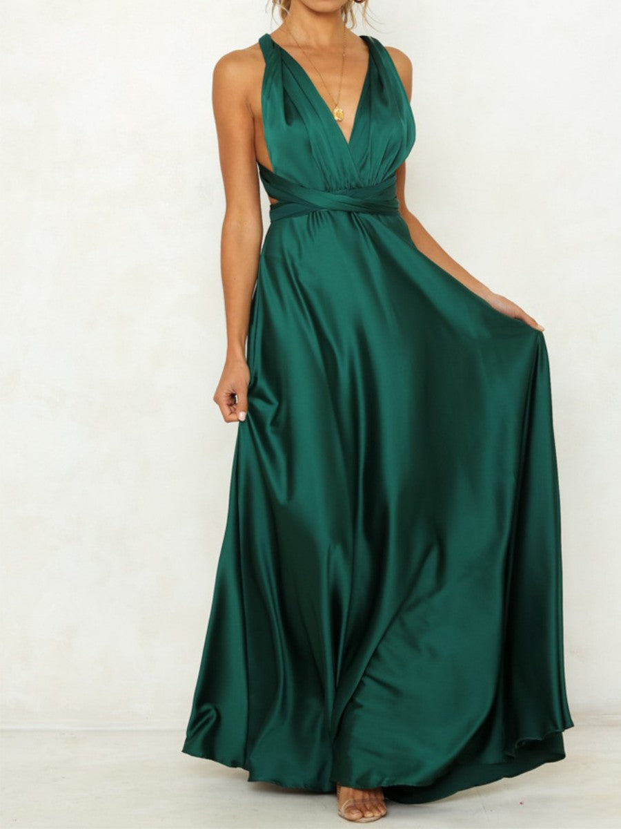 Onbely robe de soirée longue unicolore dos nu col en V licou/ras-du-cou taille élastique élégant invité mariage bal de promo