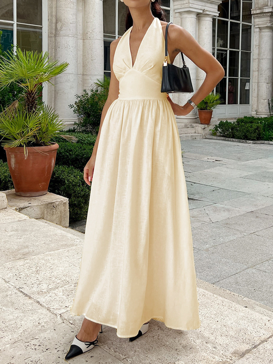 Onbely Robe Longue Licou V-col Dos Nu décontracté Plage boho dress