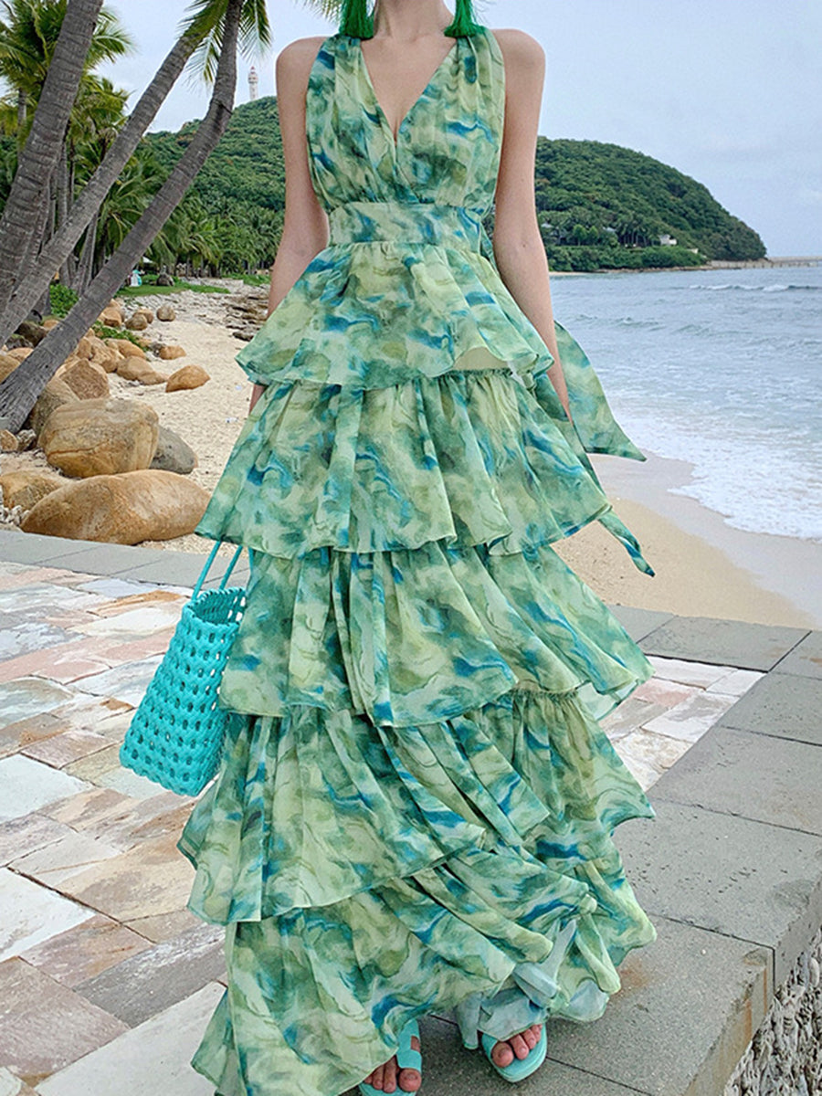 Onbely robe maxi longue licou froufrou dos nu vert