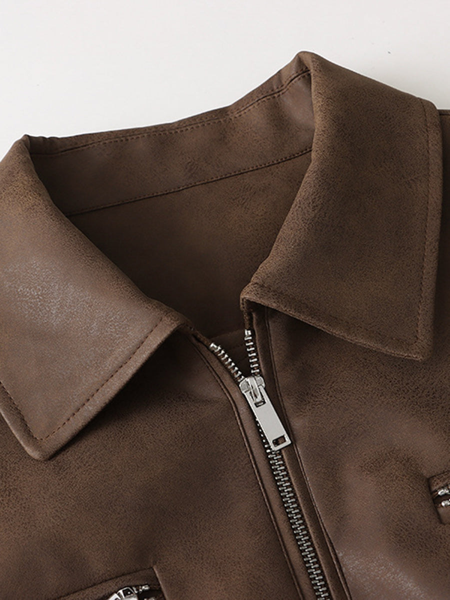 Onbely veste en cuir PU fermeture éclair femme vintage