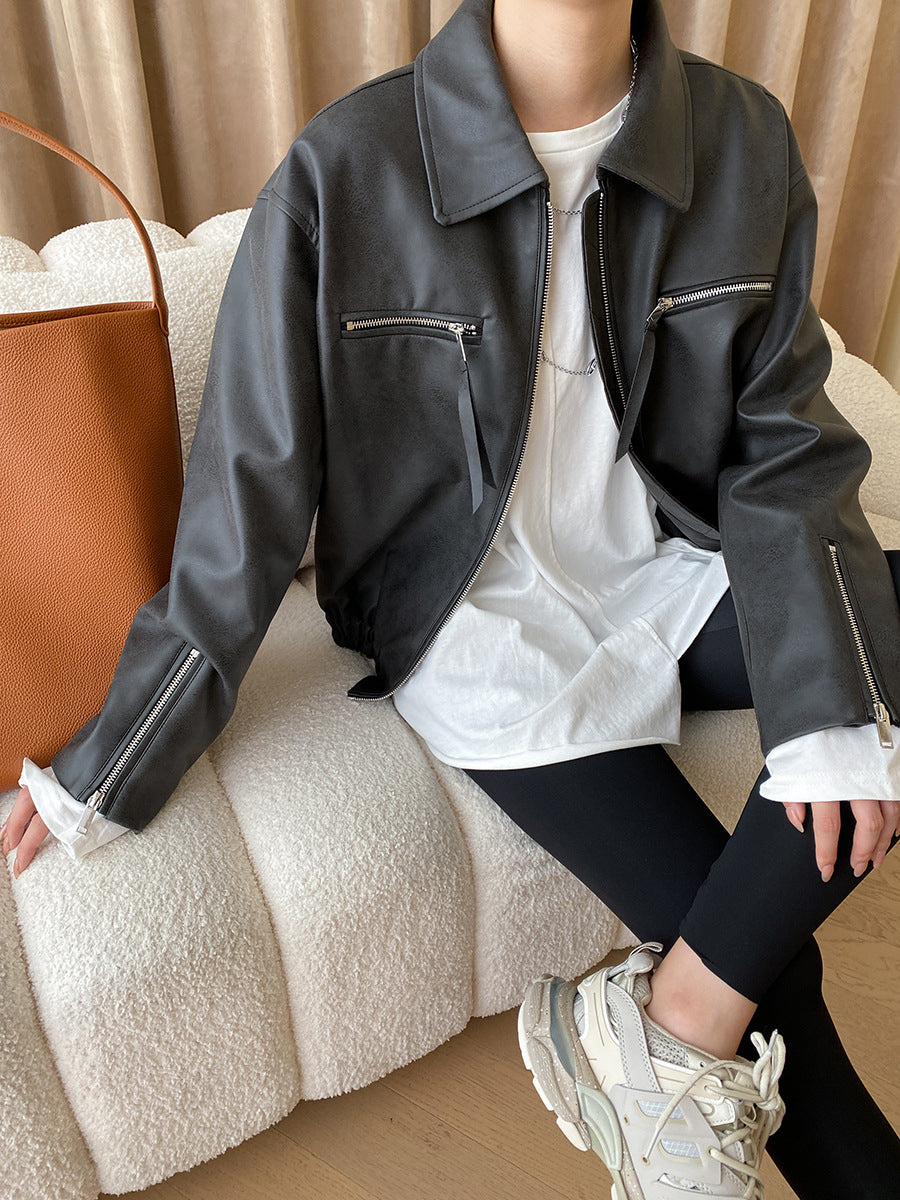 Onbely veste en cuir PU fermeture éclair femme vintage