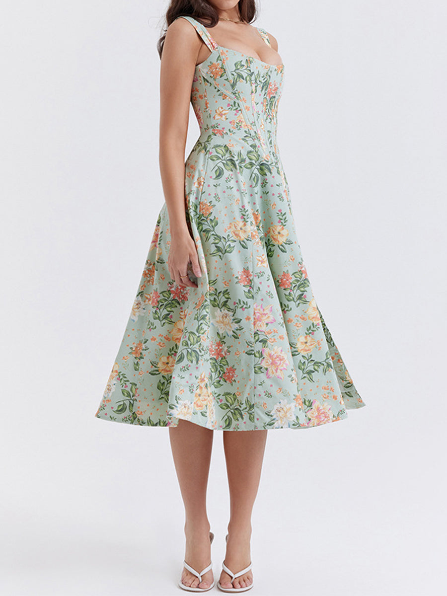 Onbely mi-longue robe trapèze imprimé à fleurie fendu le côté bustier dos nu à fines brides doux vacances tous les jours