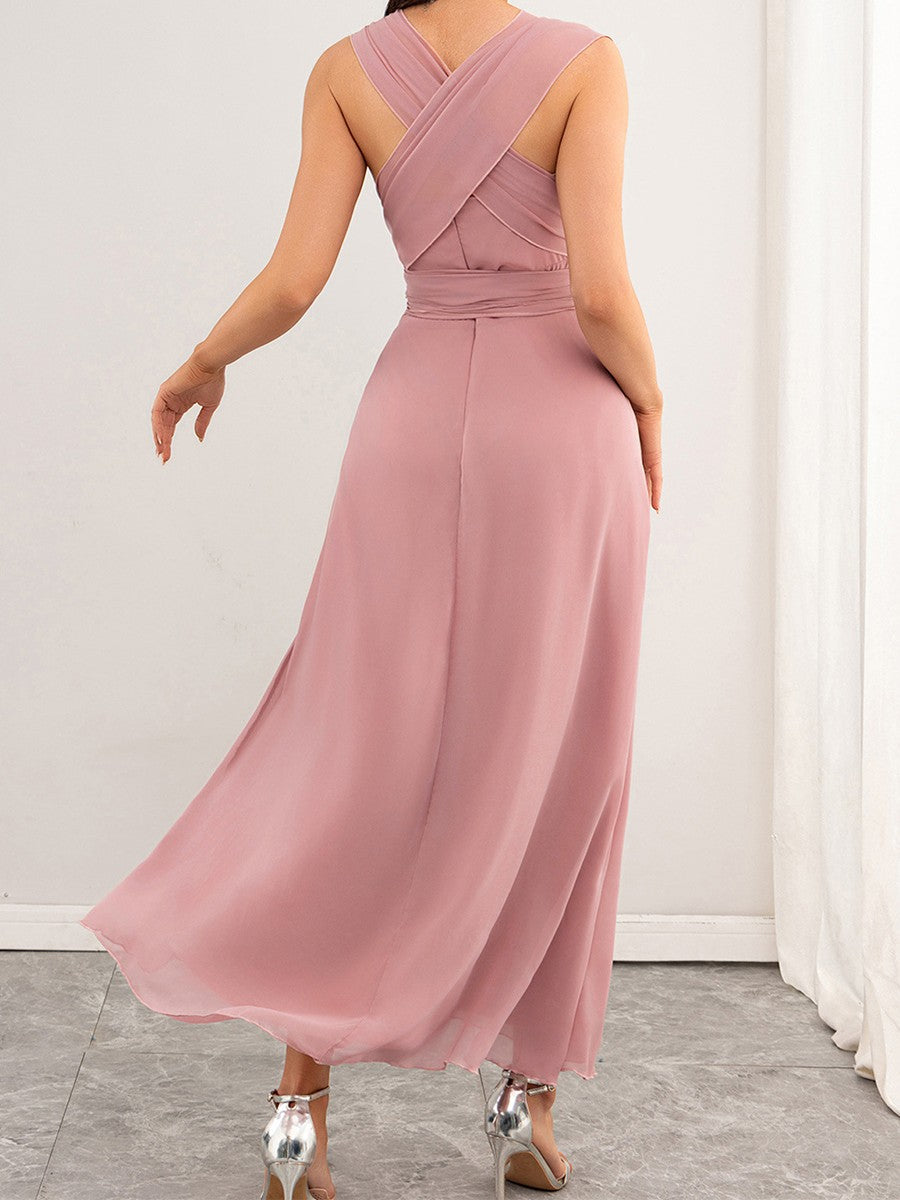 Onbely robe demoiselle d'honneur longue mousseline strappy v-col mode rose