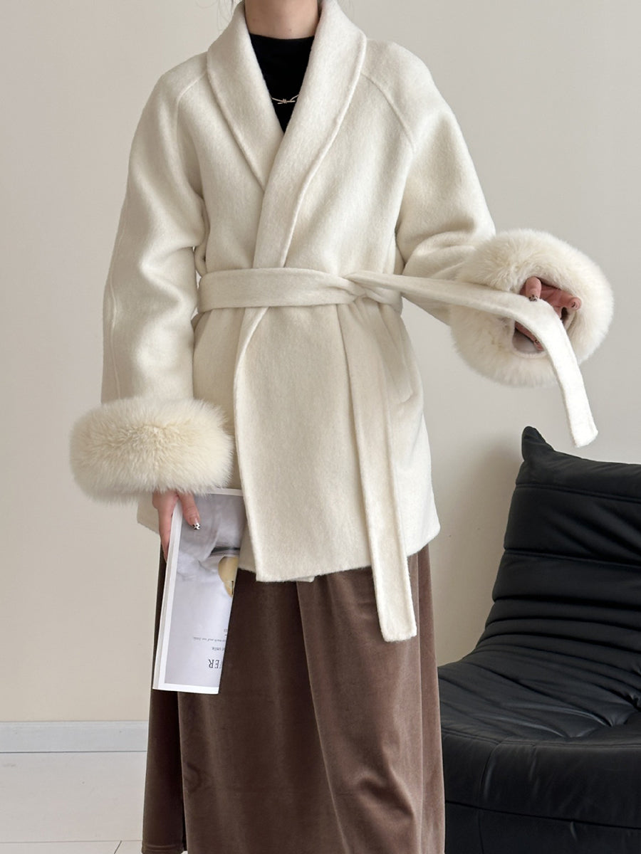 Onbely manteau en laine courte fausse fourrure avec ceinture pour femme