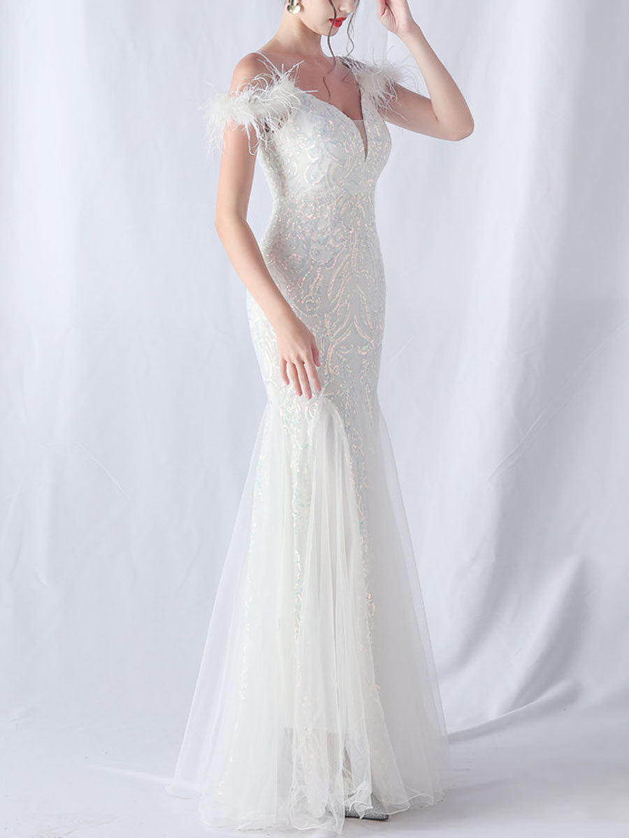 Onbely robe de soirée maxi longue en paillettes brillantes avec plumes pour un mariage femme cérémonie