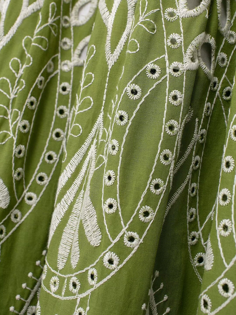 Onbely robe de soirée longue brodée motif cachemire vert sans manches à fines brides pour bal et plage