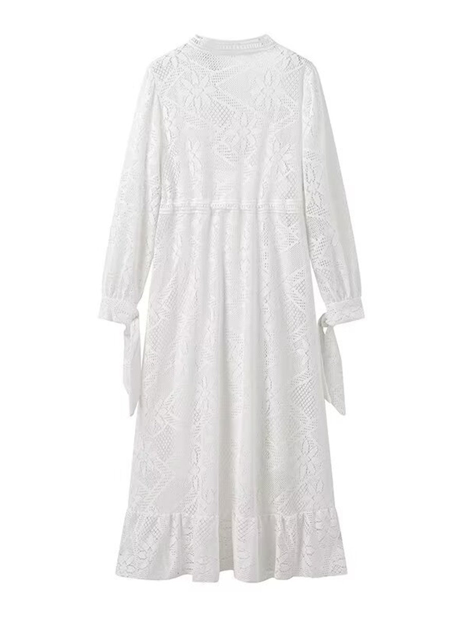 Onbely robe mi-longue dentelle coulisse taille col en V manches longues bohème blanc