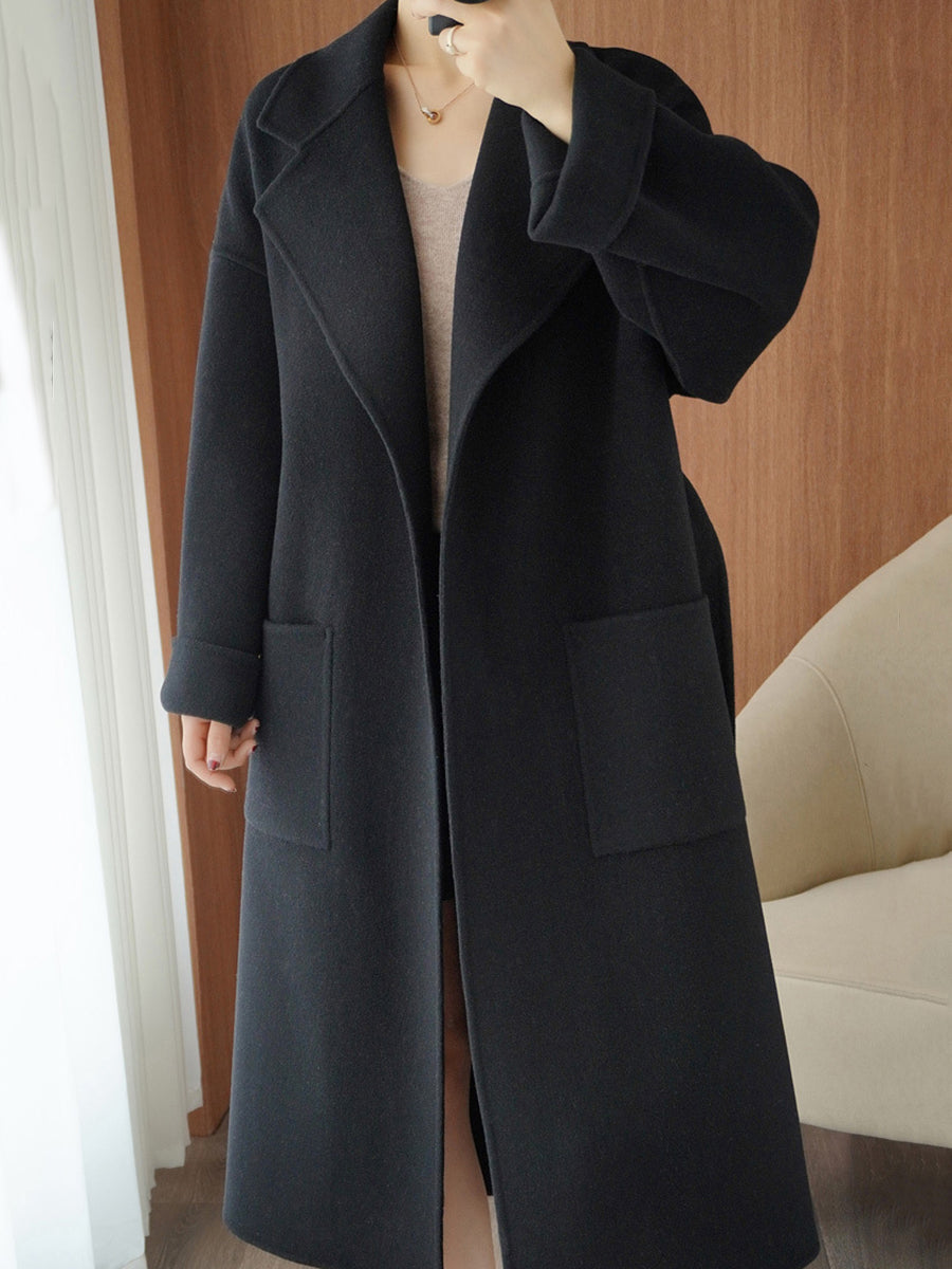 Onbely manteau en laine longue avec poches ceinture pour femme