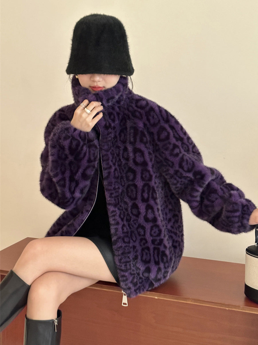 Onbely manteau en fausse fourrure léopard avec fermeture éclair femme mode