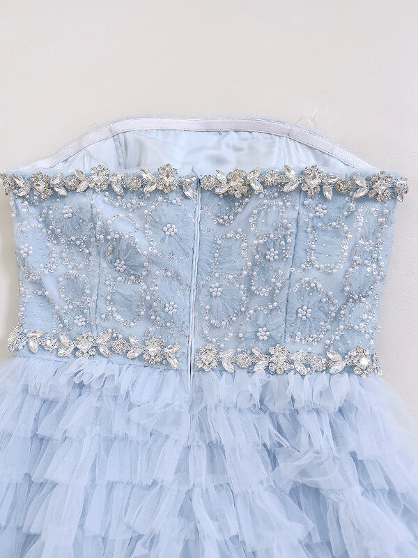 Onbely robe longue de bal élégant beading tulle bleu pastel - onbely