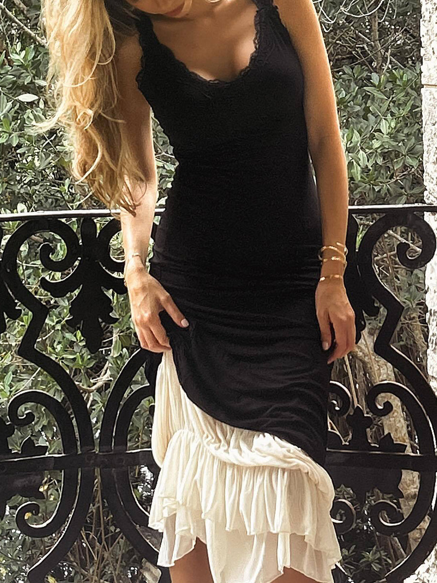 Onbely Robe de soirée longue moulante en dentelle à volants noire pour un mariage