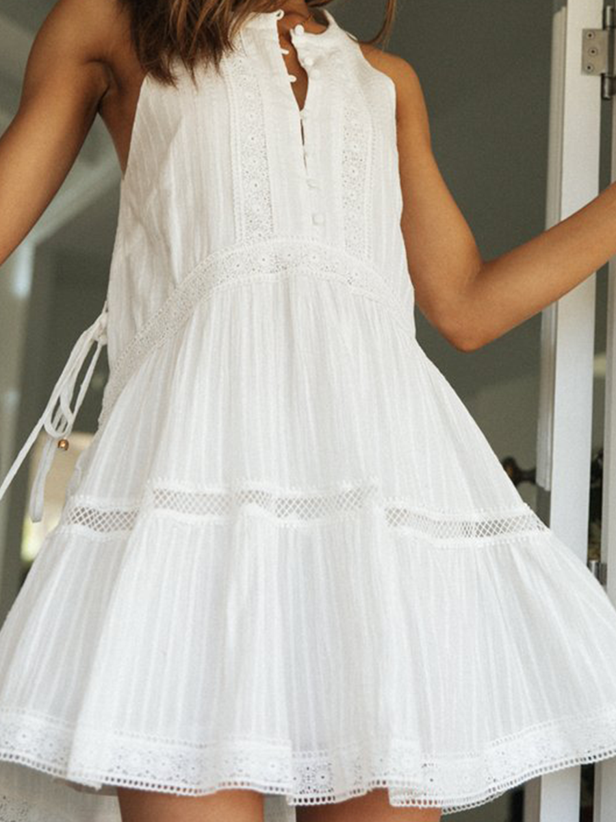 Onbely Robe courte broderie anglaise boutonnage col rond sans manches blanc