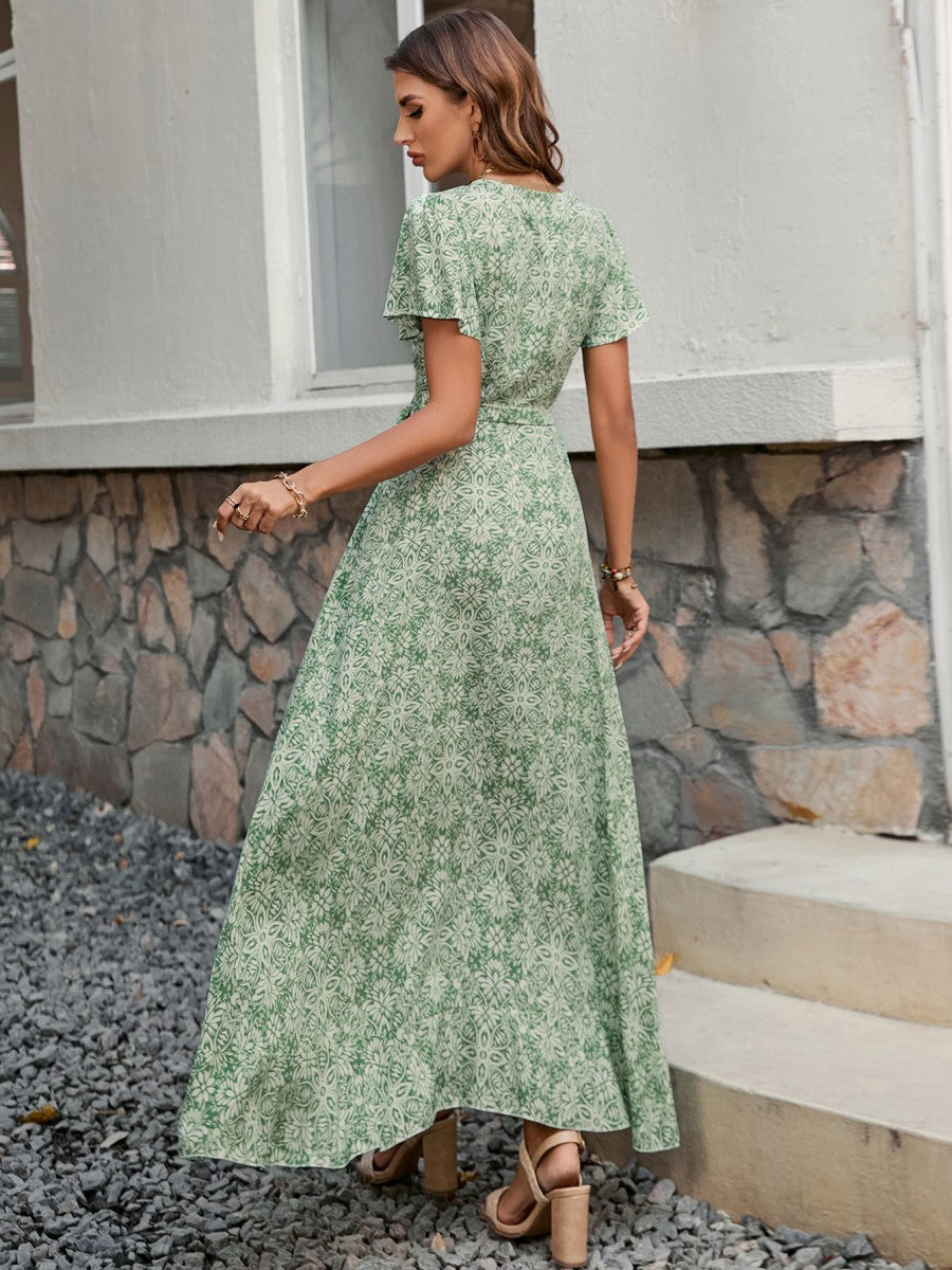 Onbely robe longue court devant longue derriere fleurs fendu col en V manches courtes mode tous les jours vacances