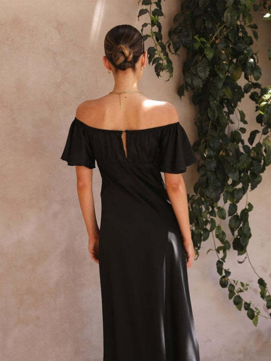 Onbely robe de soirée longue moulante unicolore Satin dos nu épaules dénudées col en V volants superposés manches courtes cintrée mode invité mariage