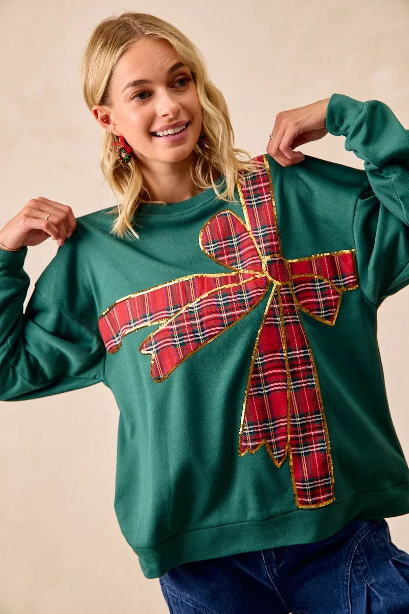 Sweat de Noël en polaire à ruban écossais et nœud décoratif