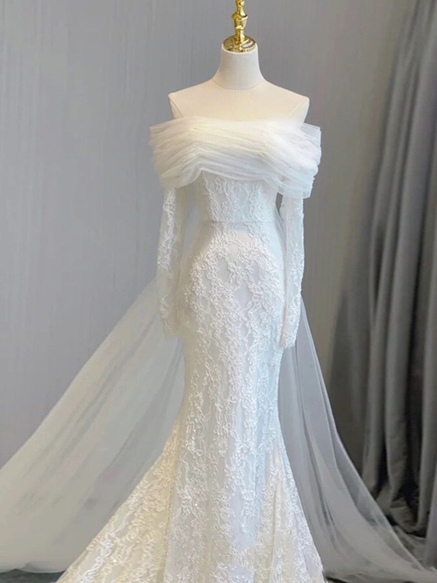 Onbely robe de mariée maxi longue sirene col bateau manches longues élégant