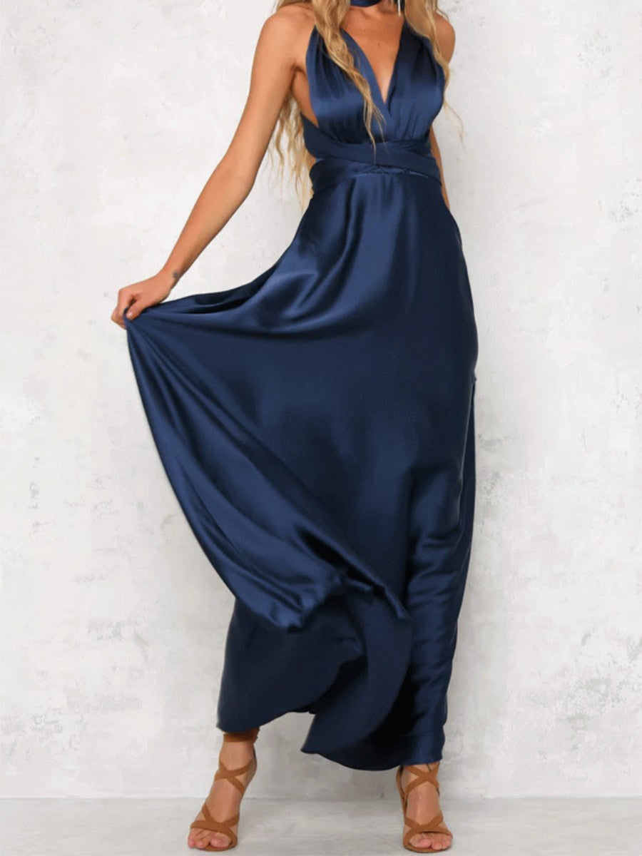 Onbely robe de soirée longue unicolore dos nu col en V licou/ras-du-cou taille élastique élégant invité mariage bal de promo
