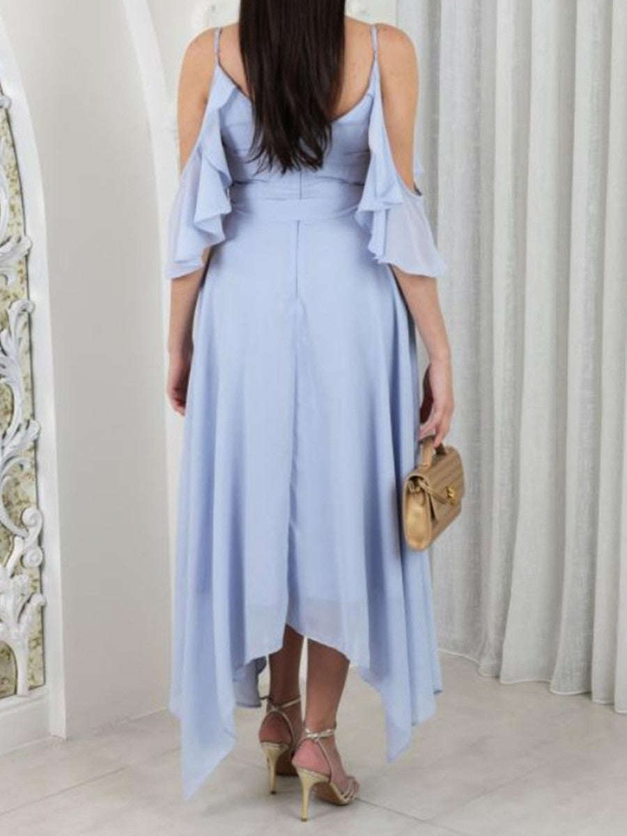 Onbely mi-longue robe irrégulière unicolore à fines brides col en V mode