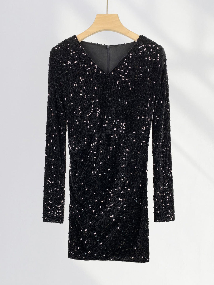Onbely robe courte moulante velours brillante paillette Col en V cocktail