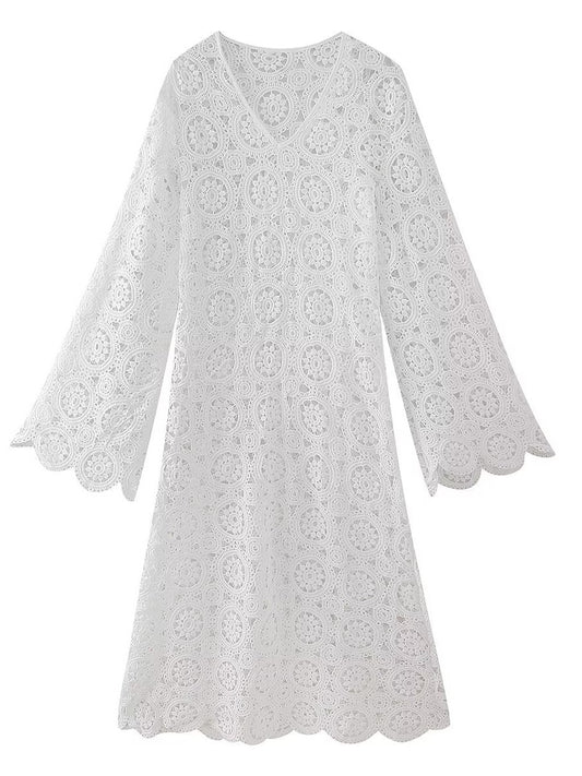 Onbely robe longue trapèze unicolore dentelle brodée col en V manches trompette manches longues mode tous les jours bureau