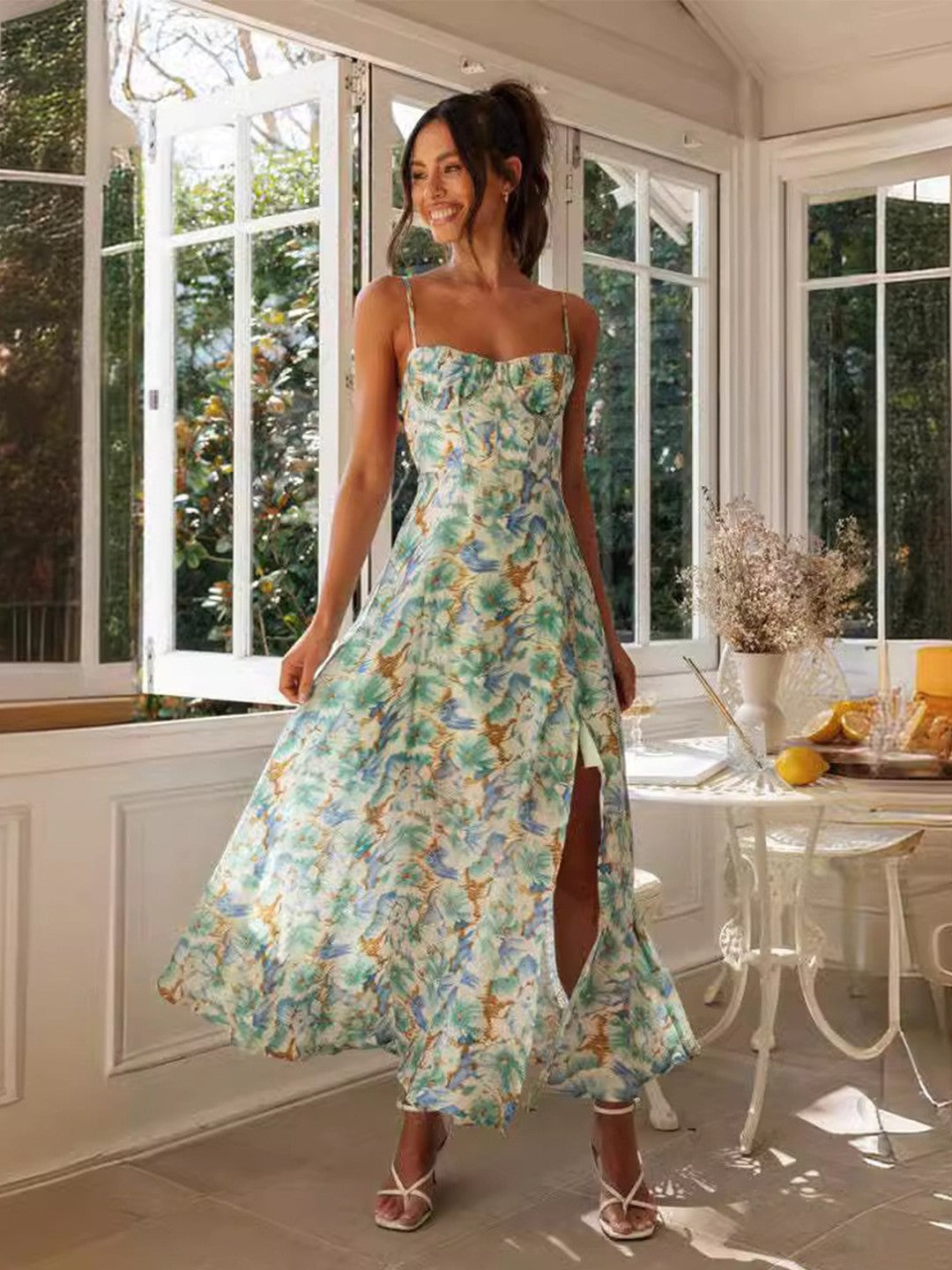 Onbely robe longue imprimé floral fendu le côté dos nu à fines brides col bateau doux décontractée tous les jours plage