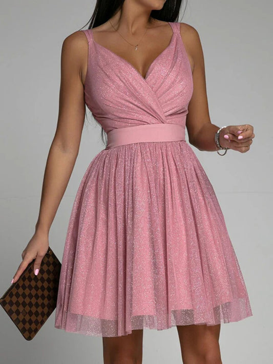 Onbely robe courte trapèze unicolore plissé bretelle col en V doux tous les jours bureau