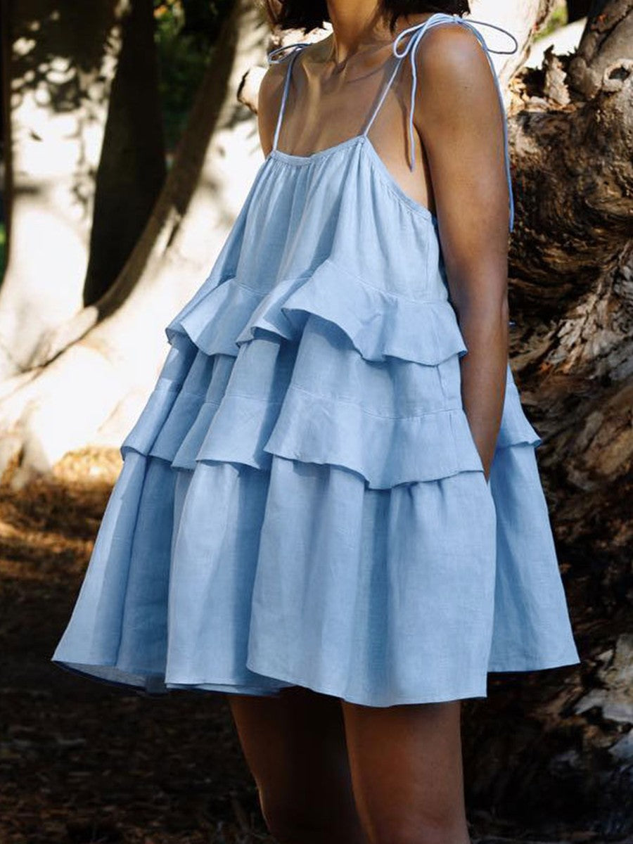 Onbely robe courte unicolore coton dos nu à fines brides mode décontractée tous les jours vacances