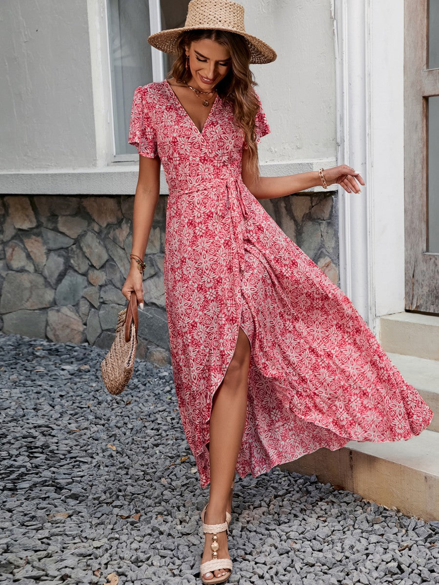Onbely robe longue court devant longue derriere fleurs fendu col en V manches courtes mode tous les jours vacances