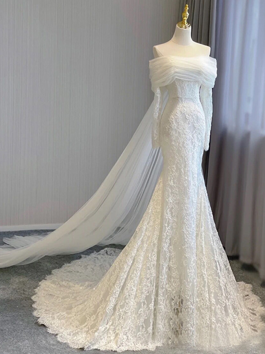 Onbely robe de mariée maxi longue sirene col bateau manches longues élégant