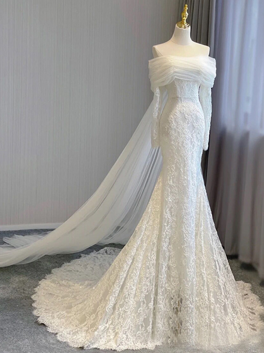 Onbely robe de mariée maxi longue sirene col bateau manches longues élégant