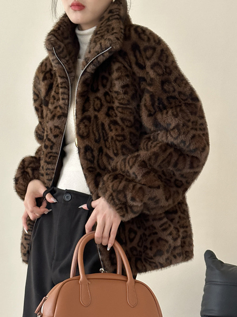 Onbely manteau en fausse fourrure léopard avec fermeture éclair femme mode