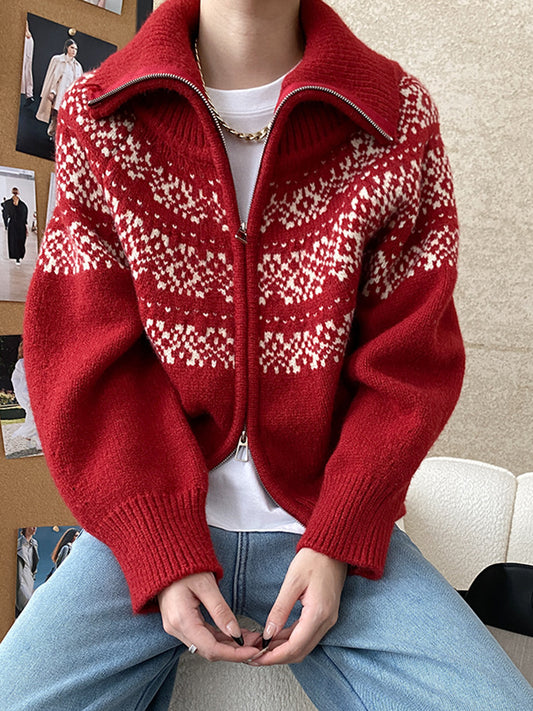 Onbely pull jacquard fermeture éclair pour femme vintage noël