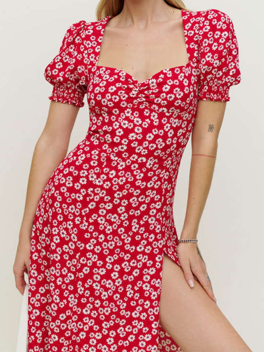 Onbely mi-longue robe imprimé à fleurie fendu le côté manches bouffantes vacances rouge