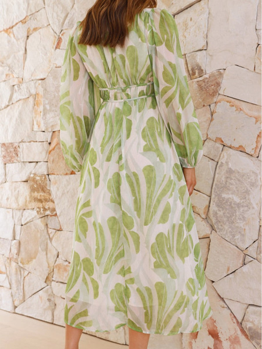 Onbely robe longue imprimé tropicale mousseline v-cou manches longues mode vacances