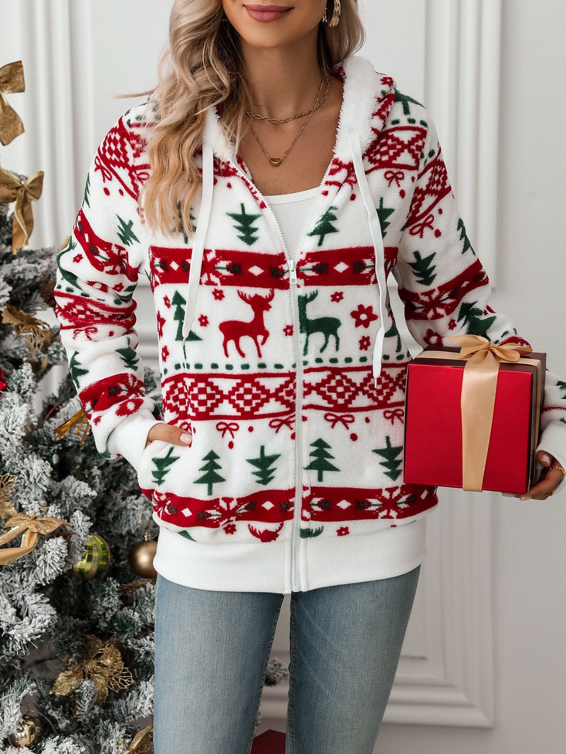 Veste à capuche zippée avec cordon et motifs de Noël
