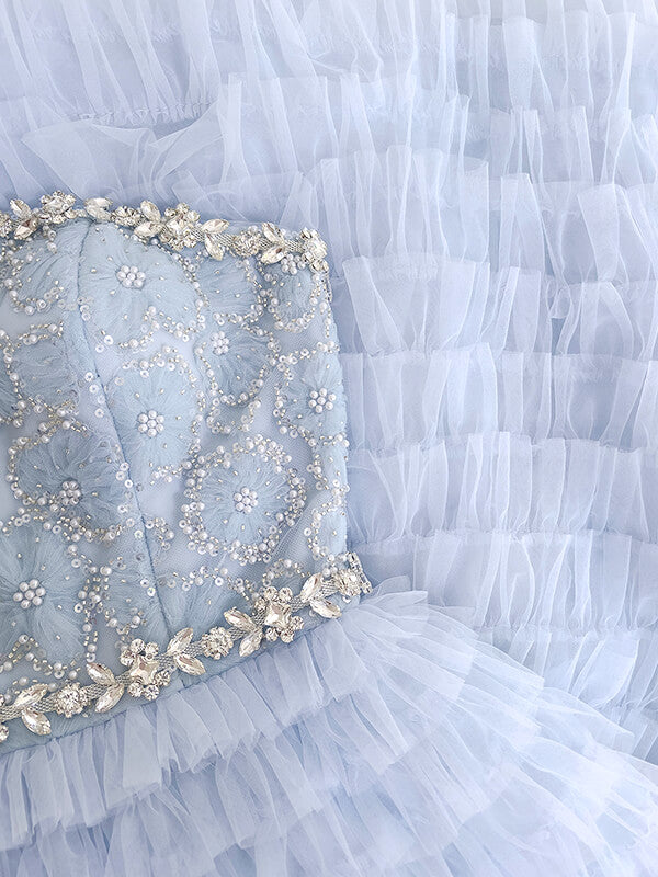 Onbely robe longue de bal élégant beading tulle bleu pastel - onbely
