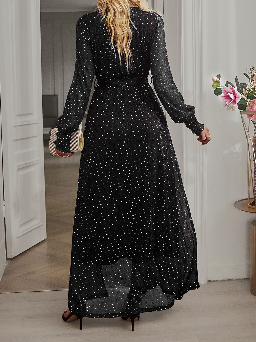 Onbely robe longue de soirée fendu le côté ceinture brillante paillette manches longues